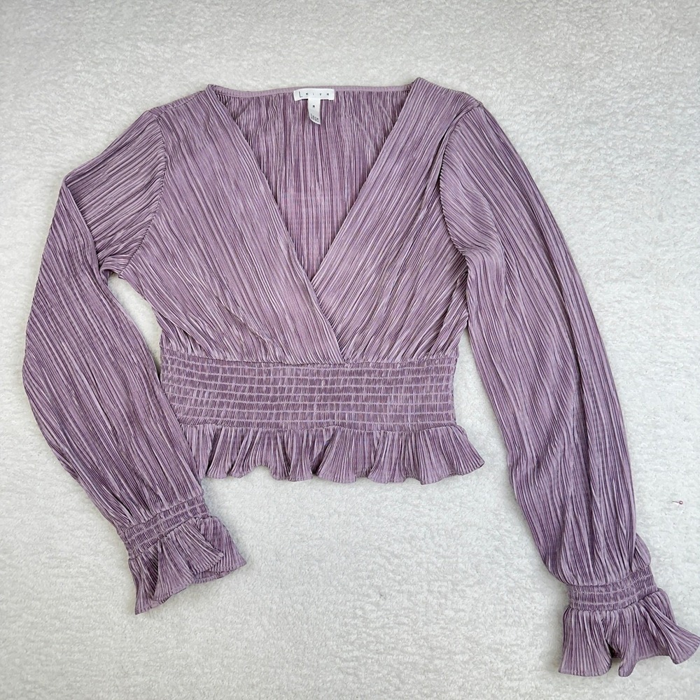 Leith Pleated Long Sleeve Smocked Peplum Crop Top Purple Women's Size M